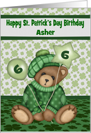 6th Birthday on St. Patrick’s Day, custom name, bear holding balloon card