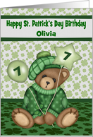 7th Birthday on St. Patrick’s Day, custom name, bear holding balloon card