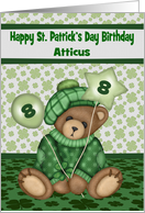 8th Birthday on St. Patrick’s Day, custom name, bear holding balloon card
