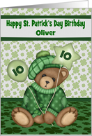 10th Birthday on St. Patrick’s Day, custom name, bear holding balloon card