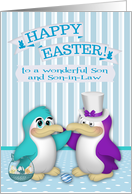 Easter to Son and Son in Law Card with Penguins and a Basket of Eggs card