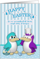 Easter to Son and Fiance with two Cute Penguins and a Basket of Eggs card