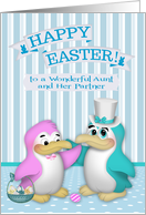 Easter to Aunt and Partner, two cute penguins with a basket of eggs card
