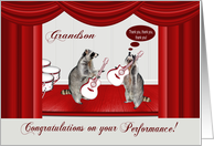 Congratulations on performance to grandson, Raccoon rocking, guitars card