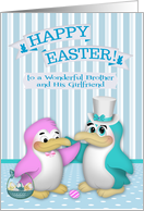 Easter to Brother and Girlfriend, cute penguins with a basket of eggs card