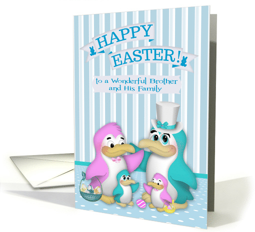 Easter to Brother and Family, cute penguins with baskets of eggs card