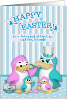 Easter to Brother and Family, cute penguins with baskets of eggs card