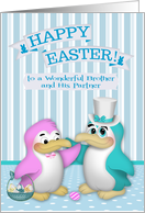 Easter to Brother and Partner, cute penguins with a basket of eggs card