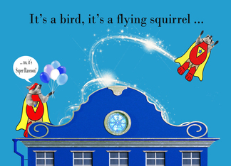 Birthday Card with Superhero Raccoons On and Above a City Building
