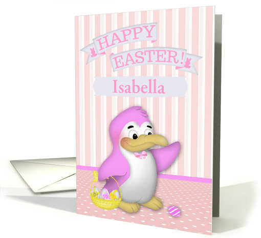Easter, Custom Name, cute penguin with a basket of decorated eggs card