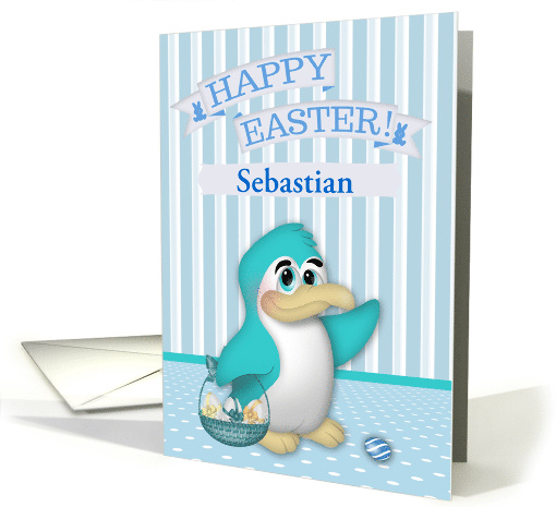 Easter, Custom Name, cute penguin with a basket of decorated eggs card