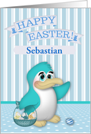 Easter, Custom Name, cute penguin with a basket of decorated eggs card