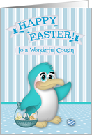 Easter to Cousin, cute penguin with a basket of decorated eggs card