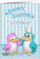 Easter to Cousin and His Girlfriend, two cute penguins, basket of eggs card