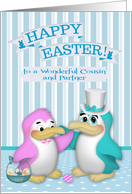 Easter to Cousin and Partner, two cute penguins with basket of eggs card