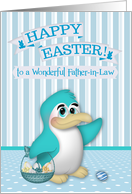 Easter to Father-in-Law, adorable penguin with a basket of eggs card