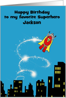 Birthday, custom name, superhero raccoon flying above city buildings card