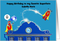 Birthday, custom name age, superhero raccoons, above city building card