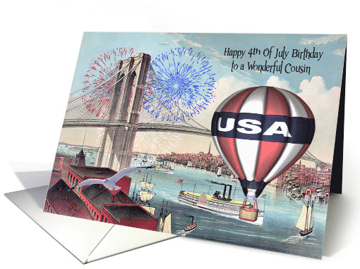 Birthday on the 4th Of July to Cousin, Brooklyn Bridge, fireworks card