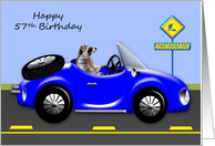 57th Birthday, age humor, adorable raccoon driving blue classic car card