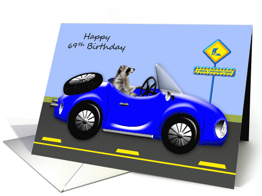 69th Birthday Age Humor with a Raccoon Driving a Blue Classic Car card