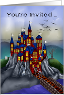 Invitations to Halloween Party, spooky castle with a zombie, bats card