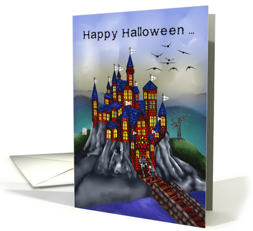 Halloween, general, spooky castle with a zombie, bats, tombstone card
