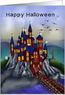 Halloween, general, spooky castle with a zombie, bats, tombstone card