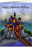 Birthday on Halloween, general, spooky castle with a zombie, bats card