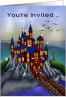Invitations to Halloween Birthday Party, spooky castle with a zombie card