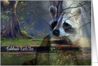 Earth Day, general, beautiful raccoon portait overlaying woodlands card