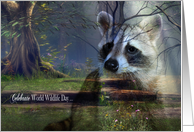 World Wildlife Day, general, raccoon portait overlaying woodlands card
