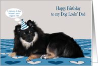 Birthday to Dad, dog lover, Pomerian wearing a birthday hat on gray card