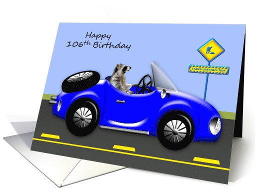106th Birthday, age humor, adorable raccoon driving blue... (1485330)