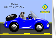 107th Birthday, age humor, adorable raccoon driving blue classic car card