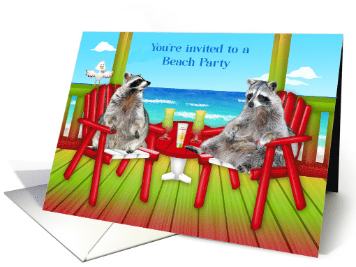 Invitations to Beach Party, Raccoons enjoying cocktails on a deck card