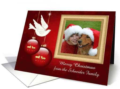 Christmas Custom Photo Card with Beautiful Ornaments and a Dove card