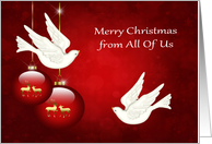 Christmas from All Of Us, beautiful ornaments with doves on red card