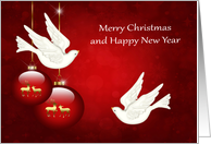 Christmas, general, beautiful ornaments with white doves on red card