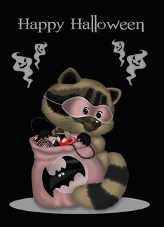 Halloween, general, Adorable raccoon with a pink mask and treat bag