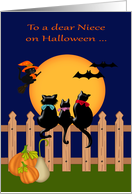 Halloween to niece away at college, three cats gazing at a full moon card