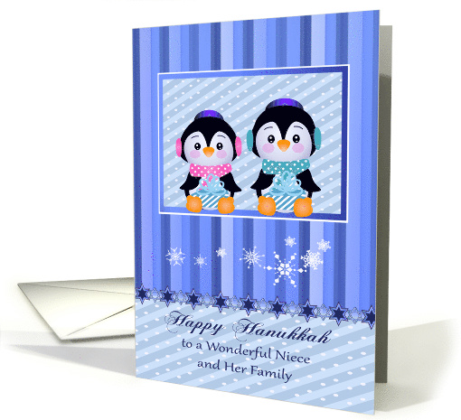 Hanukkah to Niece and Family, two adorable penguins with presents card