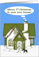 1st Christmas in new house, festive green house with candy canes, dog card