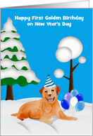 First Golden Birthday on New Year’s Day, golden labrador wearing hat card