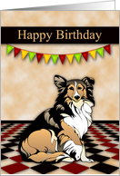 Birthday, general, featuring a rouge collie with flags over its head card