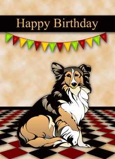 Birthday, general, featuring a rouge collie with flags over its head