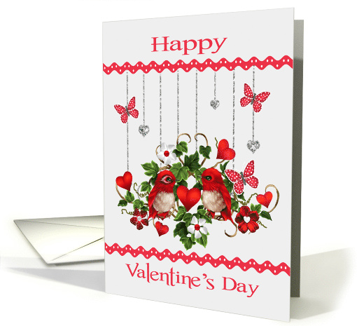 Valentine's Day, general, lovebirds with hearts and butterflies card