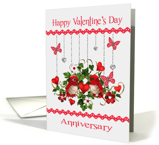 Wedding Anniversary on Valentine's Day with Lovebirds and Hearts card