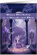 Birthday to Mom, beautiful purple and white unicorn with star swirls card