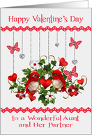 Valentine’s Day to Aunt and Partner, lovebirds with hearts, flowers card